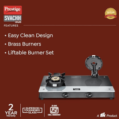 Prestige Svachh Duo GTSD 02 Toughened Glass with Liftable 2 Burners Gas Stove, Black, Manual Ignition-2