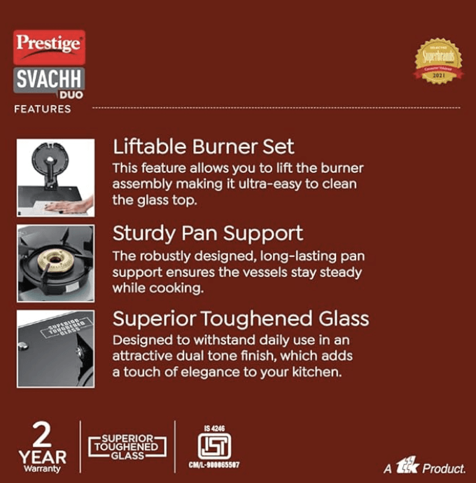 Prestige Svachh Duo GTSD 02 Toughened Glass with Liftable 2 Burners Gas Stove, Black, Manual Ignition