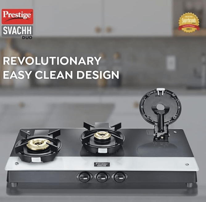 प्रेस्टीज स्वच्छ डुओ जीटीएसडी 03 टफेन्ड ग्लास, लिफ्टेबल 3 बर्नर गैस स्टोव, काला, मैनुअल इग्निशन 