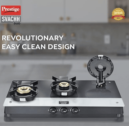 प्रेस्टीज स्वच्छ डुओ जीटीएसडी 03 टफेन्ड ग्लास, लिफ्टेबल 3 बर्नर गैस स्टोव, काला, मैनुअल इग्निशन 