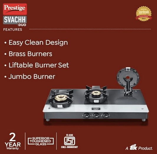Prestige Svachh Duo GTSD 03 Toughened Glass with Liftable 3 Burners Gas Stove, Black, Manual Ignition
