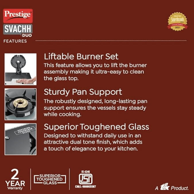 प्रेस्टीज स्वच्छ डुओ जीटीएसडी 03 टफेन्ड ग्लास, लिफ्टेबल 3 बर्नर गैस स्टोव, काला, मैनुअल इग्निशन 
