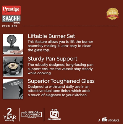 प्रेस्टीज स्वच्छ डुओ जीटीएसडी 03 टफेन्ड ग्लास, लिफ्टेबल 3 बर्नर गैस स्टोव, काला, मैनुअल इग्निशन 