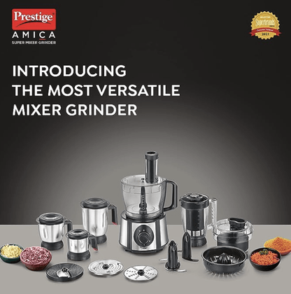 பிரெஸ்டீஜ் 1000 W அமிகா சூப்பர் மிக்சர் கிரைண்டர்| பல துணைக்கருவிகள் கொண்ட 5 ஜாடிகள் (ஸ்லைசர், ஷ்ரெடர், ஃபிங்கர் சிப் டிஸ்க், சாப்பர், பிசைப்பான்)| தயாரிப்புக்கு 2 ஆண்டுகள் உத்தரவாதம் &amp; மோட்டாருக்கு 5 ஆண்டுகள் உத்தரவாதம்| (கருப்பு மற்றும் வெள்ளி) 