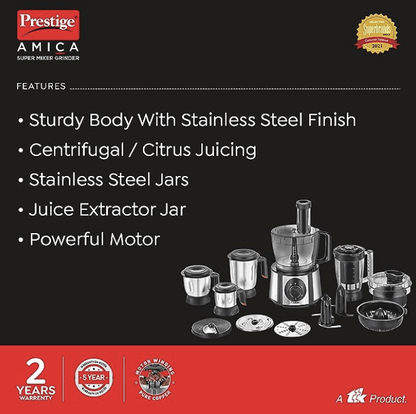 பிரெஸ்டீஜ் 1000 W அமிகா சூப்பர் மிக்சர் கிரைண்டர்| பல துணைக்கருவிகள் கொண்ட 5 ஜாடிகள் (ஸ்லைசர், ஷ்ரெடர், ஃபிங்கர் சிப் டிஸ்க், சாப்பர், பிசைப்பான்)| தயாரிப்புக்கு 2 ஆண்டுகள் உத்தரவாதம் &amp; மோட்டாருக்கு 5 ஆண்டுகள் உத்தரவாதம்| (கருப்பு மற்றும் வெள்ளி) 