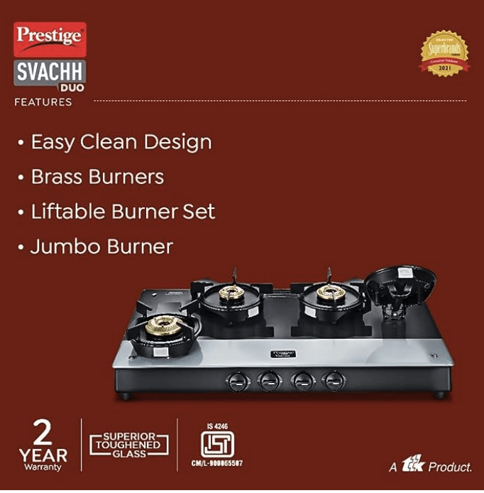 Prestige Svachh Duo GTSD 04 L Toughened Glass with Liftable 4 Burners Gas Stove, Black, Manual Ignition