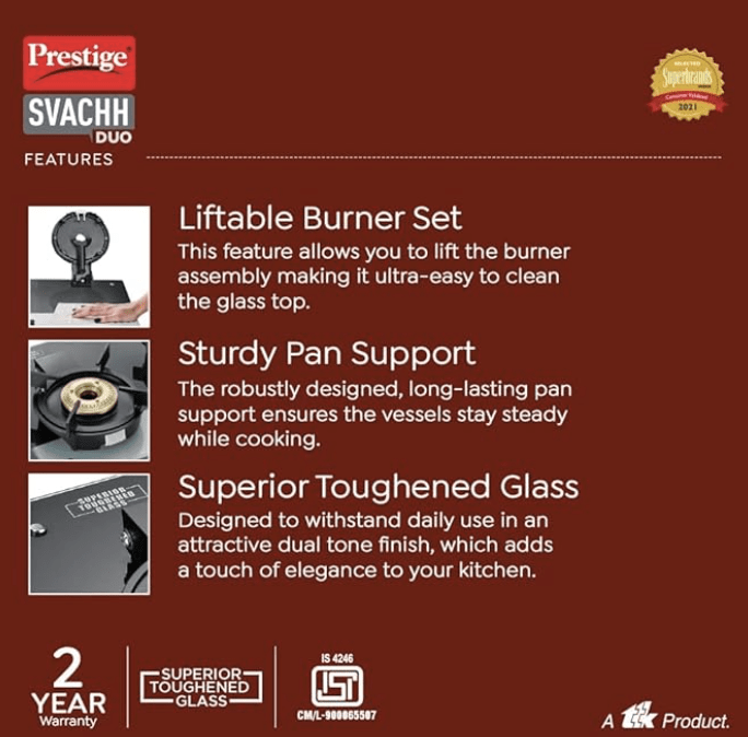 Prestige Svachh Duo GTSD 04 L Toughened Glass with Liftable 4 Burners Gas Stove, Black, Manual Ignition