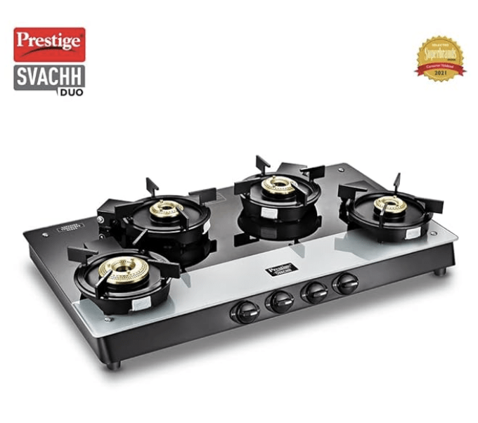 Prestige Svachh Duo GTSD 04 L Toughened Glass with Liftable 4 Burners Gas Stove, Black, Manual Ignition