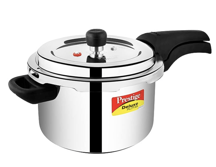 Prestige 4 Litres Svachh Deluxe Alpha Induction Base Outer Lid Stainless Steel Pressure Cooker | Deep lid controls spillage | Silver | Gasket-Release System | Straight Wall | Pressure Indicator