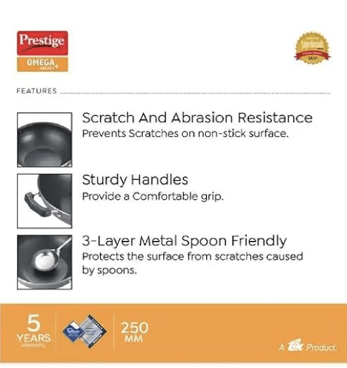 Prestige Aluminium Omega Select Plus Non-Stick Round Base Kadhai with Lid, 25 cm, Black