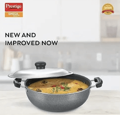 Prestige Aluminium Omega Select Plus Non-Stick Round Base Kadhai with Lid, 25 cm, Black