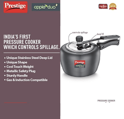 Prestige 3.0 Litres Apple Duo Plus Svachh Induction Base Inner Lid Anodised Pressure Cooker |Black | Stainless Steel Deep Lid With Metallic Safety Plug, 3 Liter