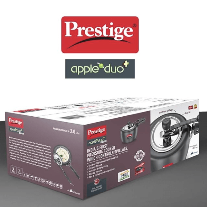 Prestige 3.0 Litres Apple Duo Plus Svachh Induction Base Inner Lid Anodised Pressure Cooker |Black | Stainless Steel Deep Lid With Metallic Safety Plug, 3 Liter