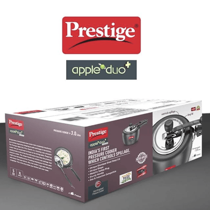 Prestige 3.0 Litres Apple Duo Plus Svachh Induction Base Inner Lid Anodised Pressure Cooker |Black | Stainless Steel Deep Lid With Metallic Safety Plug, 3 Liter