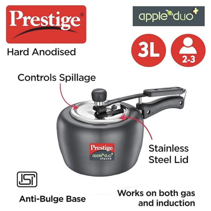 Prestige 3.0 Litres Apple Duo Plus Svachh Induction Base Inner Lid Anodised Pressure Cooker |Black | Stainless Steel Deep Lid With Metallic Safety Plug, 3 Liter