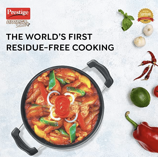 Prestige Omega Select Plus Aluminium Non-Stick Flat Base Kadhai with Lid, 27 cm, Black