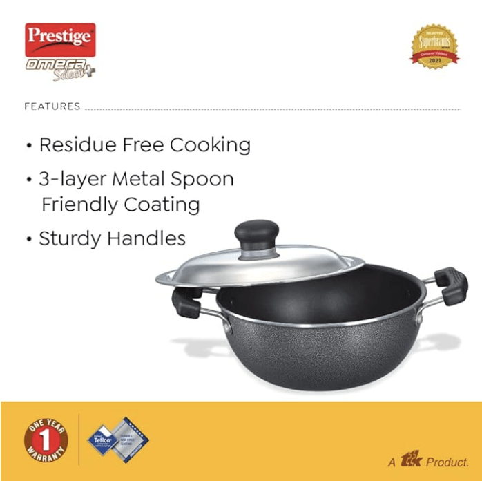 Prestige Omega Select Plus Aluminium Non-Stick Flat Base Kadhai with Lid, 27 cm, Black