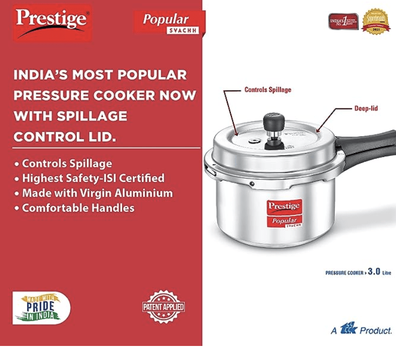 Prestige Popular Svachh Virgin Aluminium Spillage Control Outer Lid Pressure Cooker, 3 L (Silver)