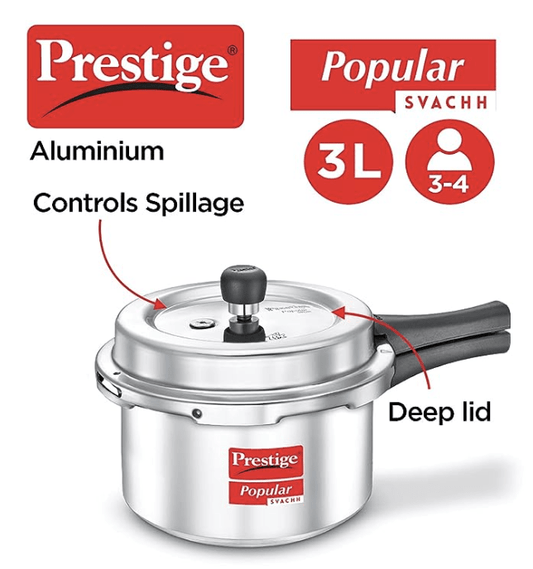 Prestige Popular Svachh Virgin Aluminium Spillage Control Outer Lid Pressure Cooker, 3 L (Silver)