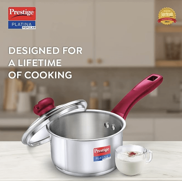 Prestige Platina Popular Stainless Steel Gas and Induction Compatible Sauce Pan with Glass Lid, 140 mm