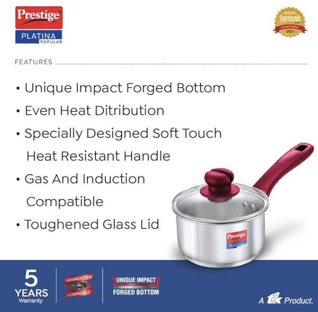 Prestige Platina Popular Stainless Steel Gas and Induction Compatible Sauce Pan with Glass Lid, 140 mm