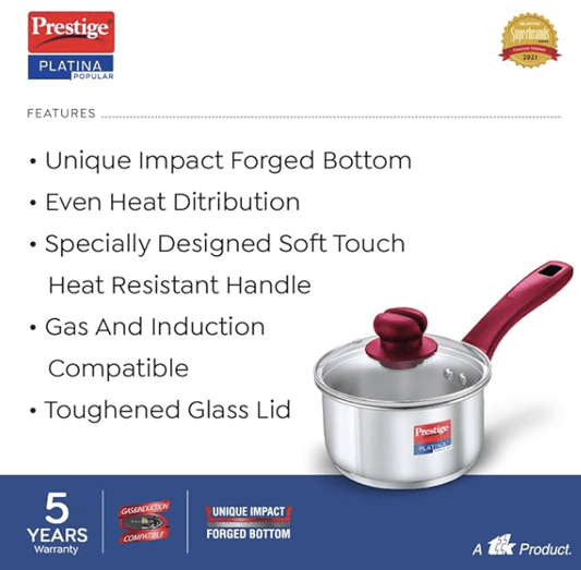 Prestige Platina Popular Stainless Steel Gas and Induction Compatible Sauce Pan with Glass Lid, 140 mm