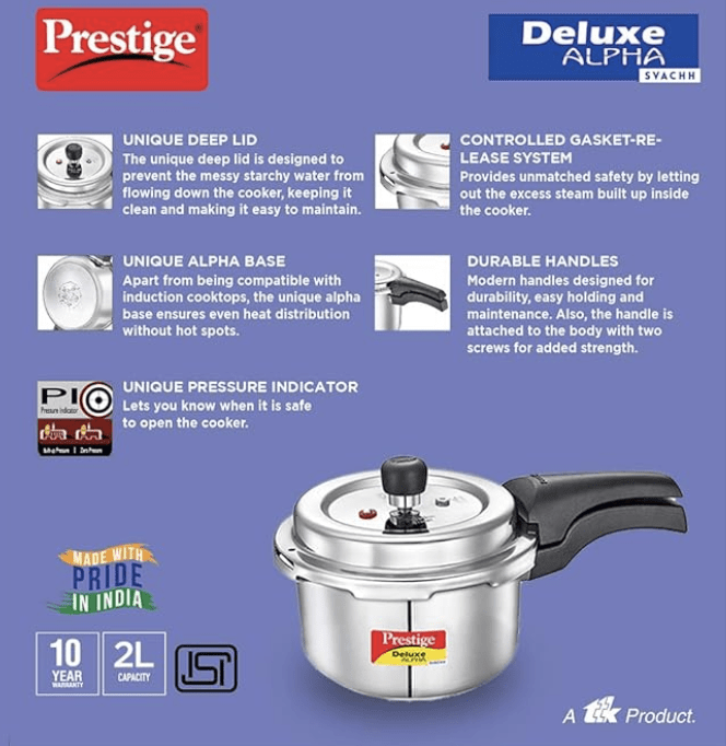 Prestige Svachh Deluxe Alpha 2.0 Litre Stainless Steel Outer Lid Pressure Cookers, Silver, 2 Liter