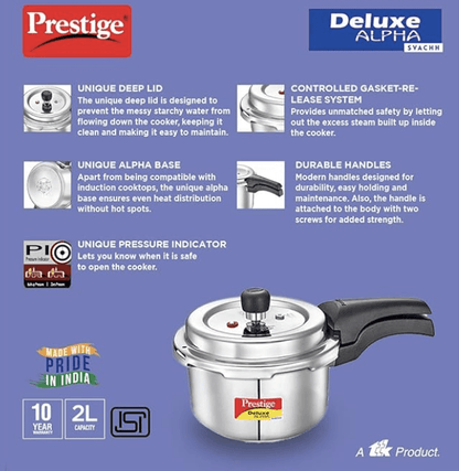 Prestige Svachh Deluxe Alpha 2.0 Litre Stainless Steel Outer Lid Pressure Cookers, Silver, 2 Liter