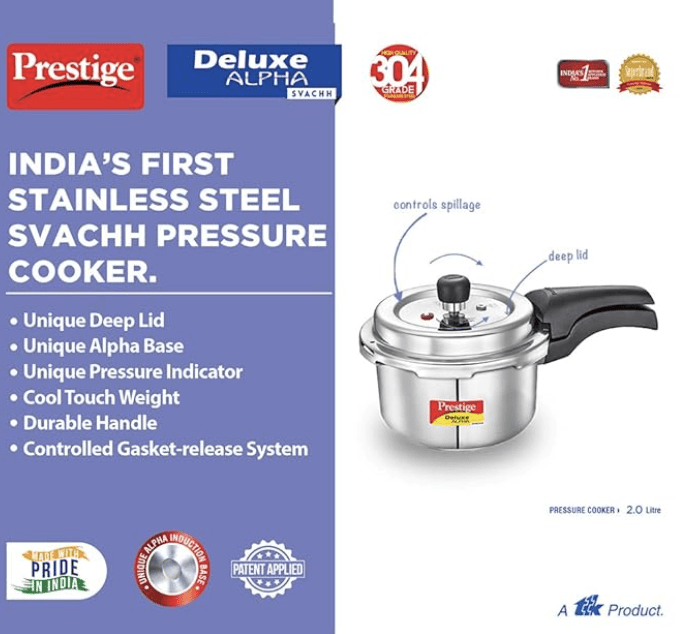 Prestige Svachh Deluxe Alpha 2.0 Litre Stainless Steel Outer Lid Pressure Cookers, Silver, 2 Liter