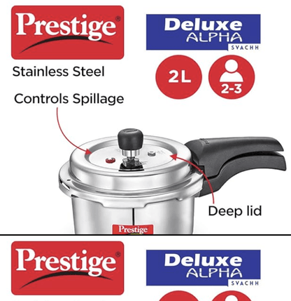 Prestige Svachh Deluxe Alpha 2.0 Litre Stainless Steel Outer Lid Pressure Cookers, Silver, 2 Liter