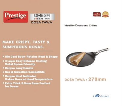 Prestige Omega Die cast Plus 27cm Dosa Tawa|Non-Stick with 3 Layers Scratch Guard Coating|Unique Heat Indicator|Gas & Induction Compatible|1 Year warrnty