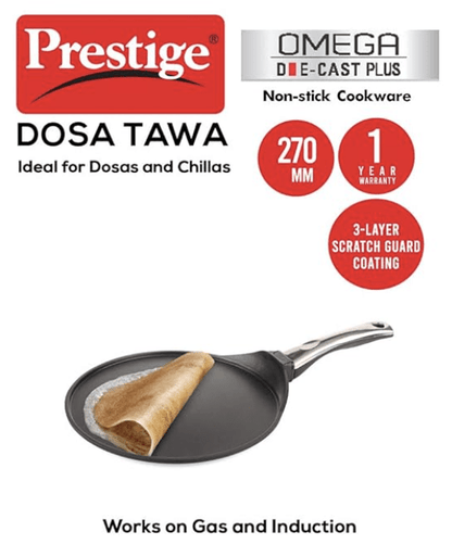 Prestige Omega Die cast Plus 27cm Dosa Tawa|Non-Stick with 3 Layers Scratch Guard Coating|Unique Heat Indicator|Gas & Induction Compatible|1 Year warrnty