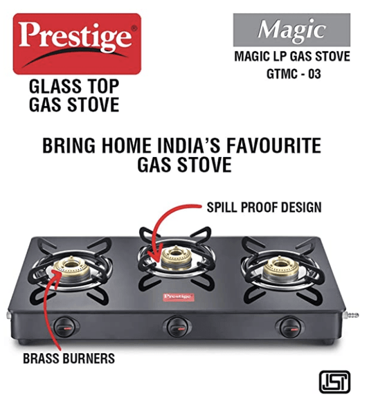 Prestige Magic plus Toughened Glass-Top 3 Brass Burner LPG Gas Stove(GTMP-03) | Black Spill Proof Design | Ergonomic Knob | Tri-Pin Burner