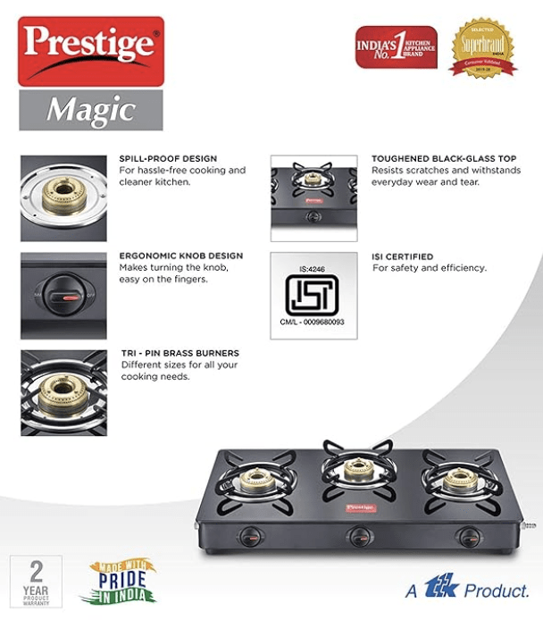 Prestige Magic plus Toughened Glass-Top 3 Brass Burner LPG Gas Stove(GTMP-03) | Black Spill Proof Design | Ergonomic Knob | Tri-Pin Burner