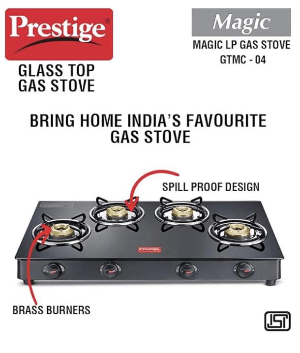 Prestige Magic 4 Burner Gas Stove- GTMC 04 L, Black Colour, Glass, Manual