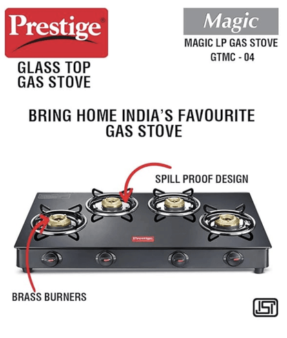 Prestige Magic 4 Burner Gas Stove- GTMC 04 L, Black Colour, Glass, Manual
