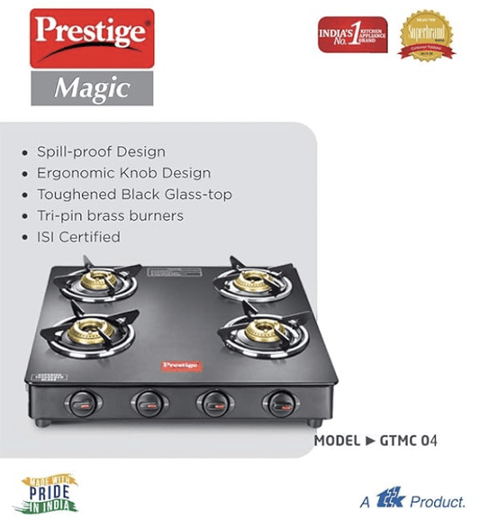 Prestige Magic Powder Coated Glass Top Gas Stove (4 Burners) - GTMC 04 Square