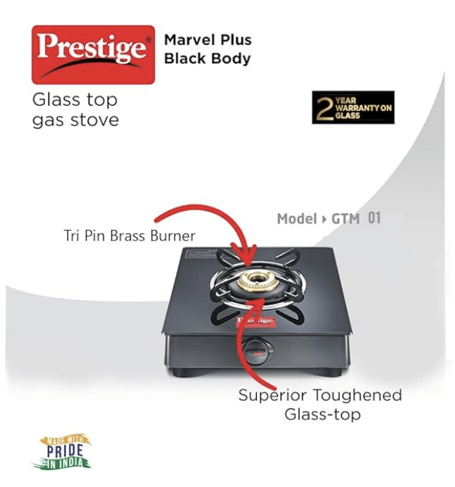 Prestige Marvel Plus Toughened Glass Top Gas Stove (1 Burner) - GTM 01, Black