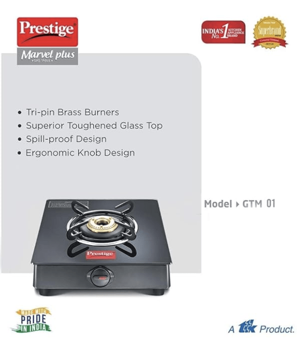 Prestige Marvel Plus Toughened Glass Top Gas Stove (1 Burner) - GTM 01, Black