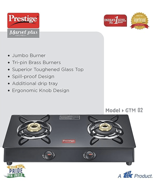 பிரெஸ்டீஜ் மார்வெல் பிளஸ் 2 பர்னர் கிளாஸ் டாப், கேஸ் ஸ்டவ் (ஜிடிஎம் 02, கருப்பு) - மேனுவல் இக்னிஷன் 