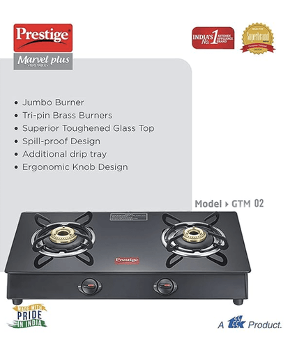 பிரெஸ்டீஜ் மார்வெல் பிளஸ் 2 பர்னர் கிளாஸ் டாப், கேஸ் ஸ்டவ் (ஜிடிஎம் 02, கருப்பு) - மேனுவல் இக்னிஷன் 