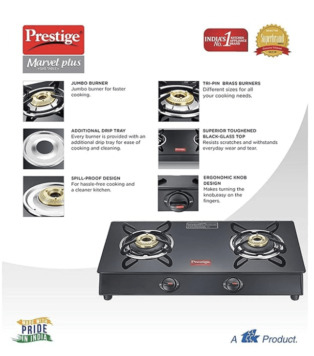 பிரெஸ்டீஜ் மார்வெல் பிளஸ் 2 பர்னர் கிளாஸ் டாப், கேஸ் ஸ்டவ் (ஜிடிஎம் 02, கருப்பு) - மேனுவல் இக்னிஷன் 