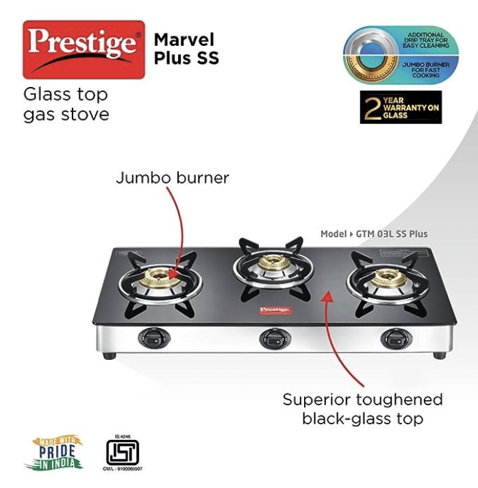 Prestige Marvel Plus Stainless Steel 3 Burner Glass Top Manual Gas Stove, Black, GTM 03