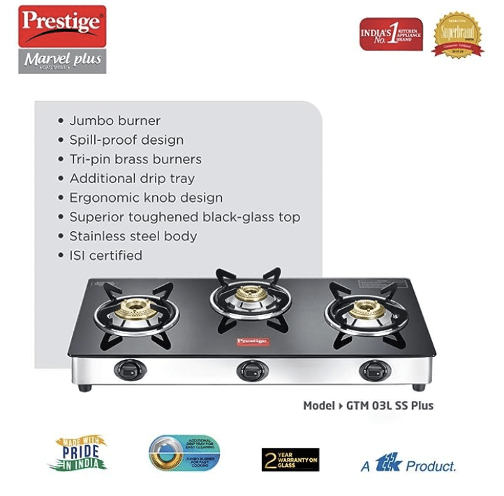 Prestige Marvel Plus Stainless Steel 3 Burner Glass Top Manual Gas Stove, Black, GTM 03-3