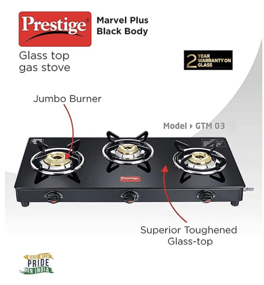 Prestige Marvel Plus 3 burner Glass top, GTM 03, Black, Manual Ignition