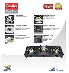 Prestige Marvel Plus 3 burner Glass top, GTM 03, Black, Manual Ignition-3