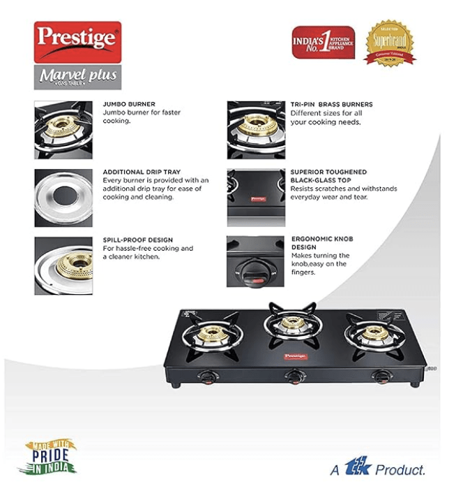Prestige Marvel Plus 3 burner Glass top, GTM 03, Black, Manual Ignition-3