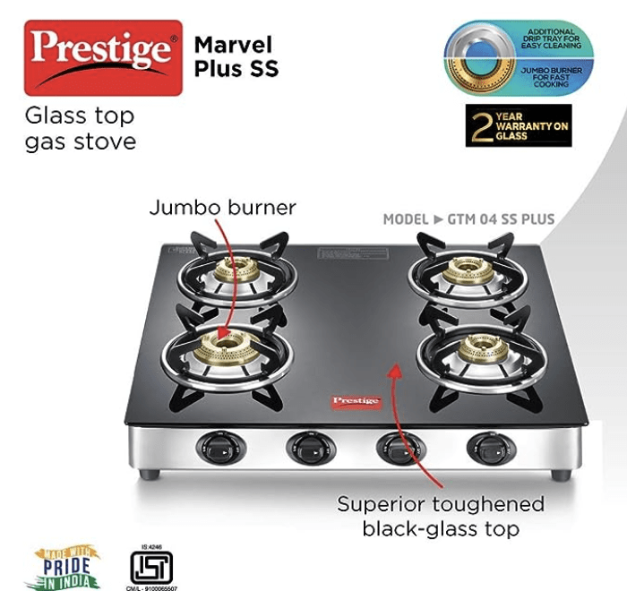 Prestige Marvel Plus Stainless Steel 4 Burner Glass Top, Gtm 04 Ss, Open-2