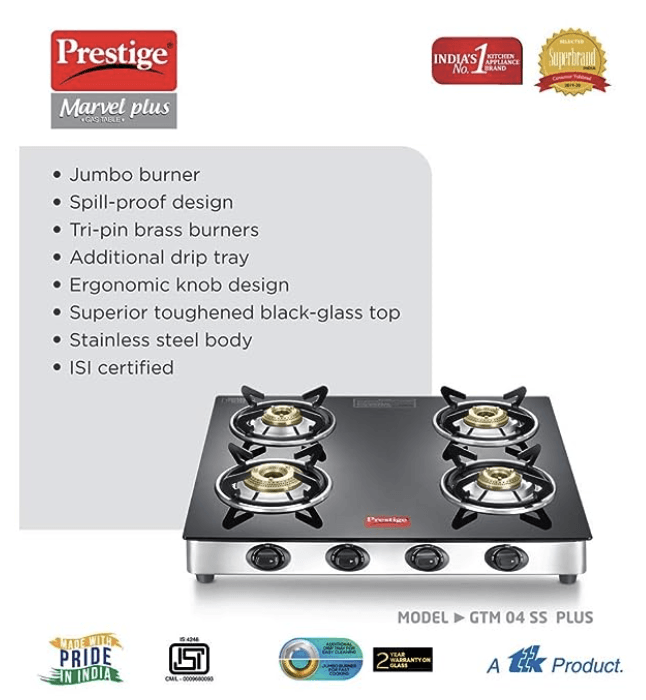 Prestige Marvel Plus Stainless Steel 4 Burner Glass Top, Gtm 04 Ss, Open