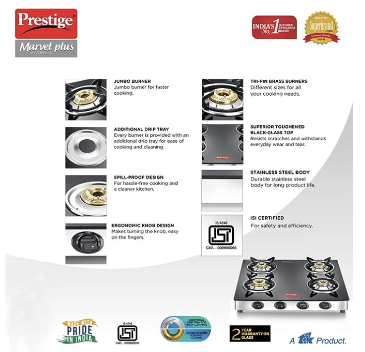 Prestige Marvel Plus Stainless Steel 4 Burner Glass Top, Gtm 04 Ss, Open-4